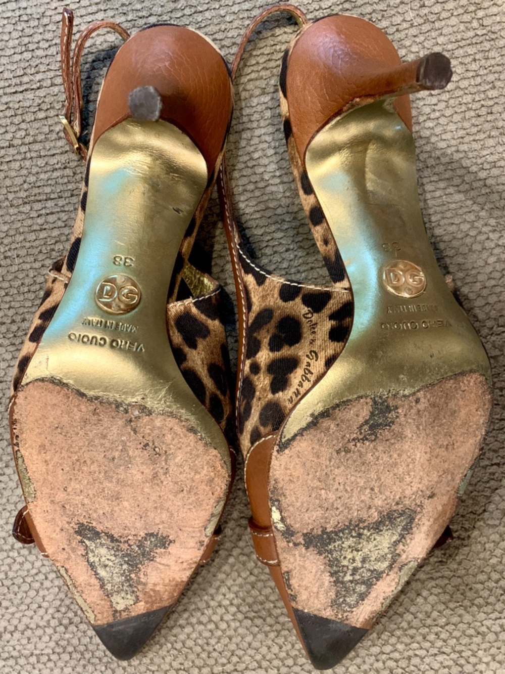 Dolce & Gabbana Leopard Print Pointed Slingback Heels - Brown/Gold - Picture 6 of 7